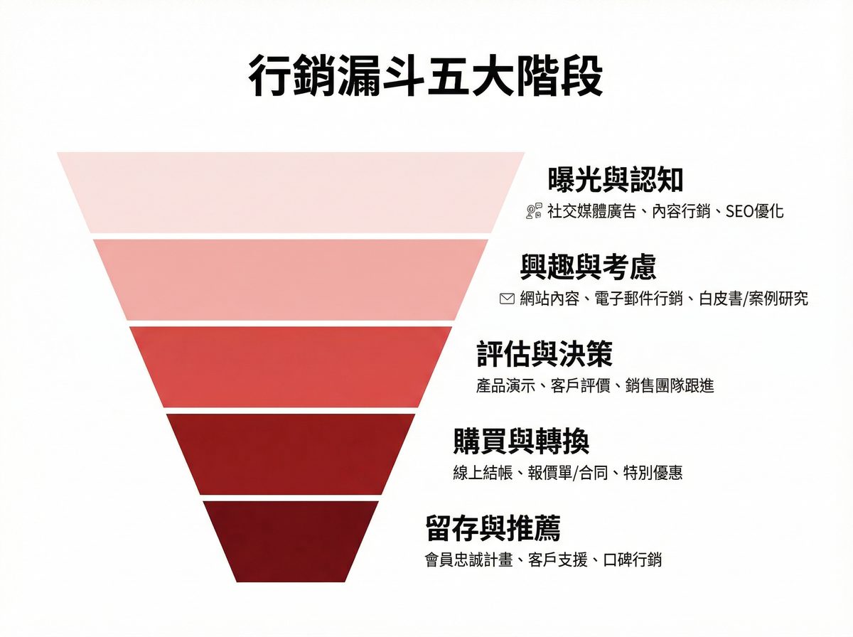 行銷漏斗五大階段圖