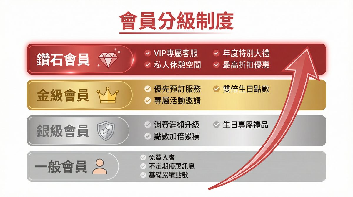 會員分級制度：一般會員、銀級會員、金級會員、鑽石會員