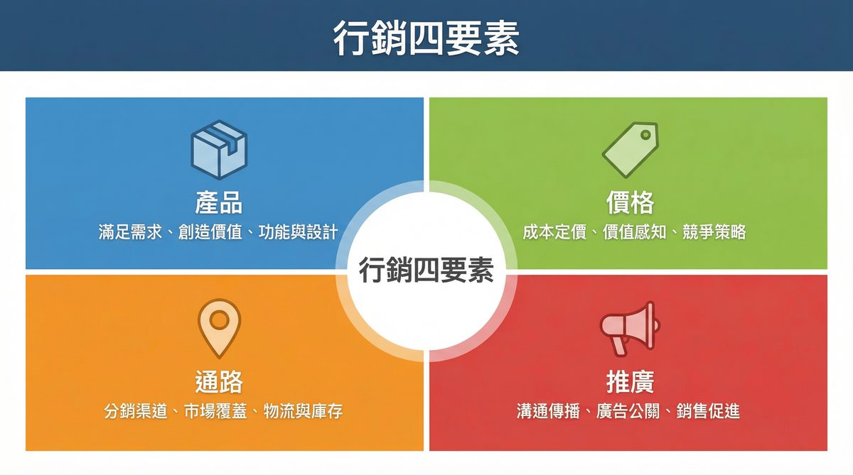 行銷四要素：產品、價格、通路、推廣