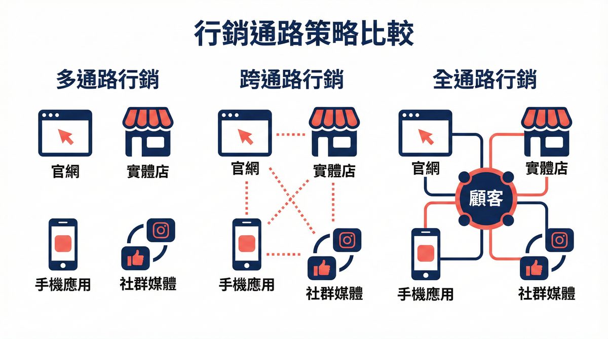行銷通路策略比較：多通路、跨通路與全通路