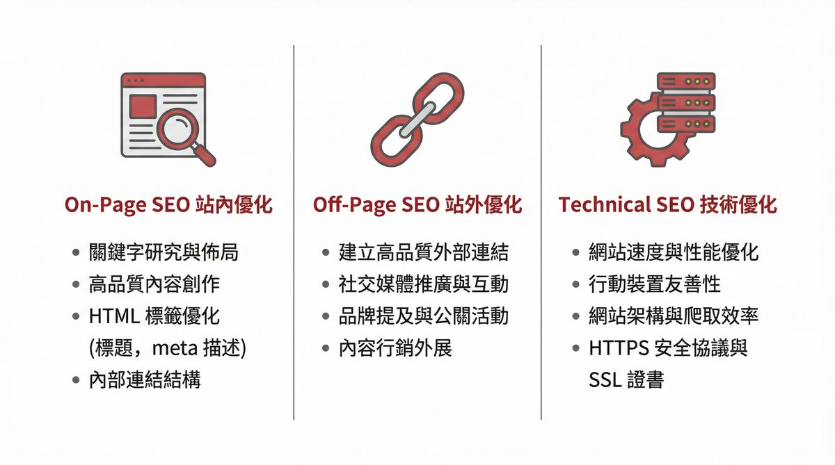 On-Page SEO、Off-Page SEO 與 Technical SEO 三者比較示意圖
