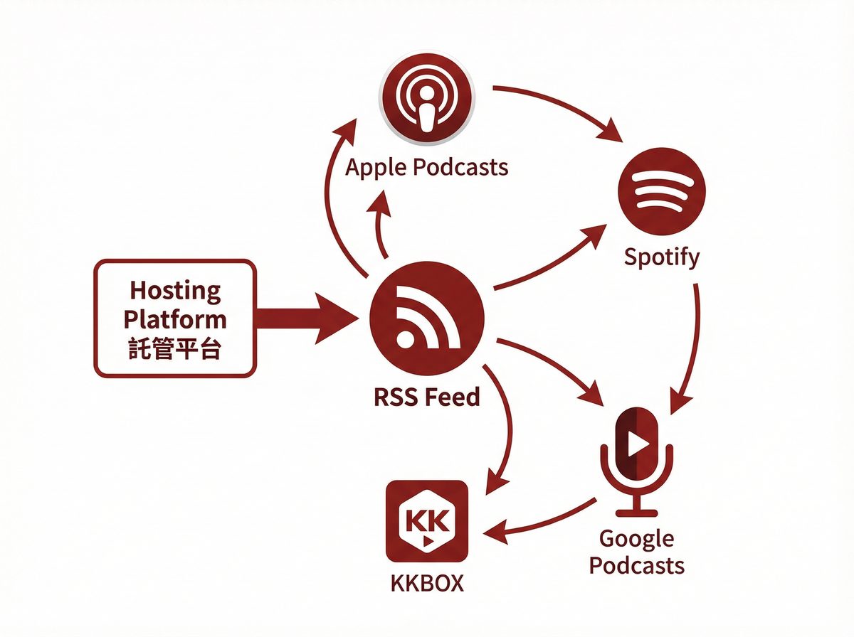 Podcast 發佈流程：從託管平台產生 RSS Feed 分發到各大收聽平台