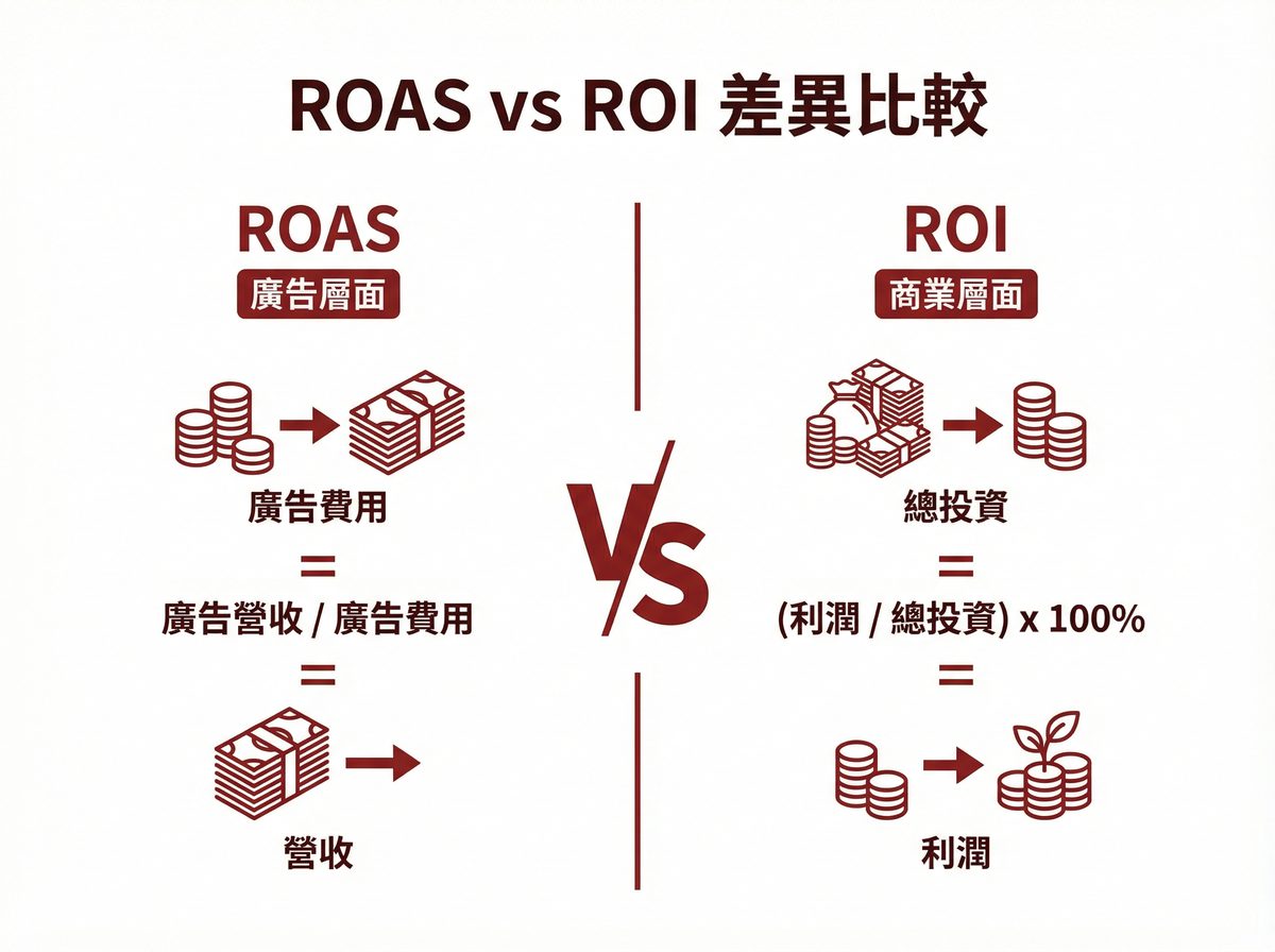 ROAS vs ROI 差異比較：ROAS 衡量廣告層面回報，ROI 衡量商業層面回報