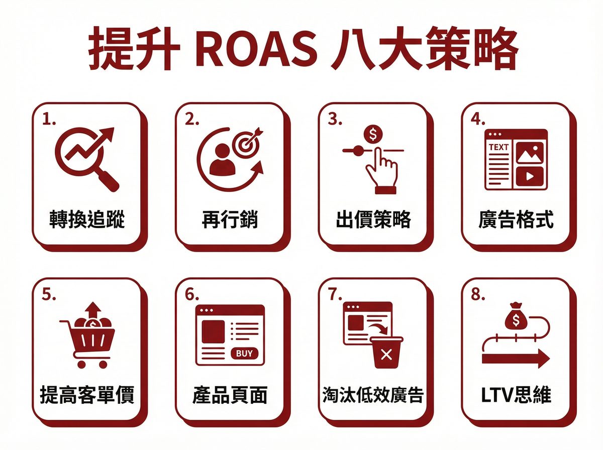 提升 ROAS 八大策略：轉換追蹤、再行銷、出價策略、廣告格式、提高客單價、產品頁面、淘汰低效廣告、LTV 思維