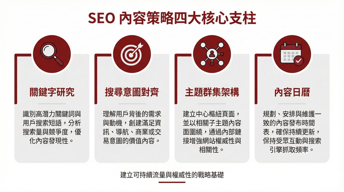 SEO 內容策略四大核心支柱：關鍵字研究、搜尋意圖對齊、主題群集架構、內容日曆