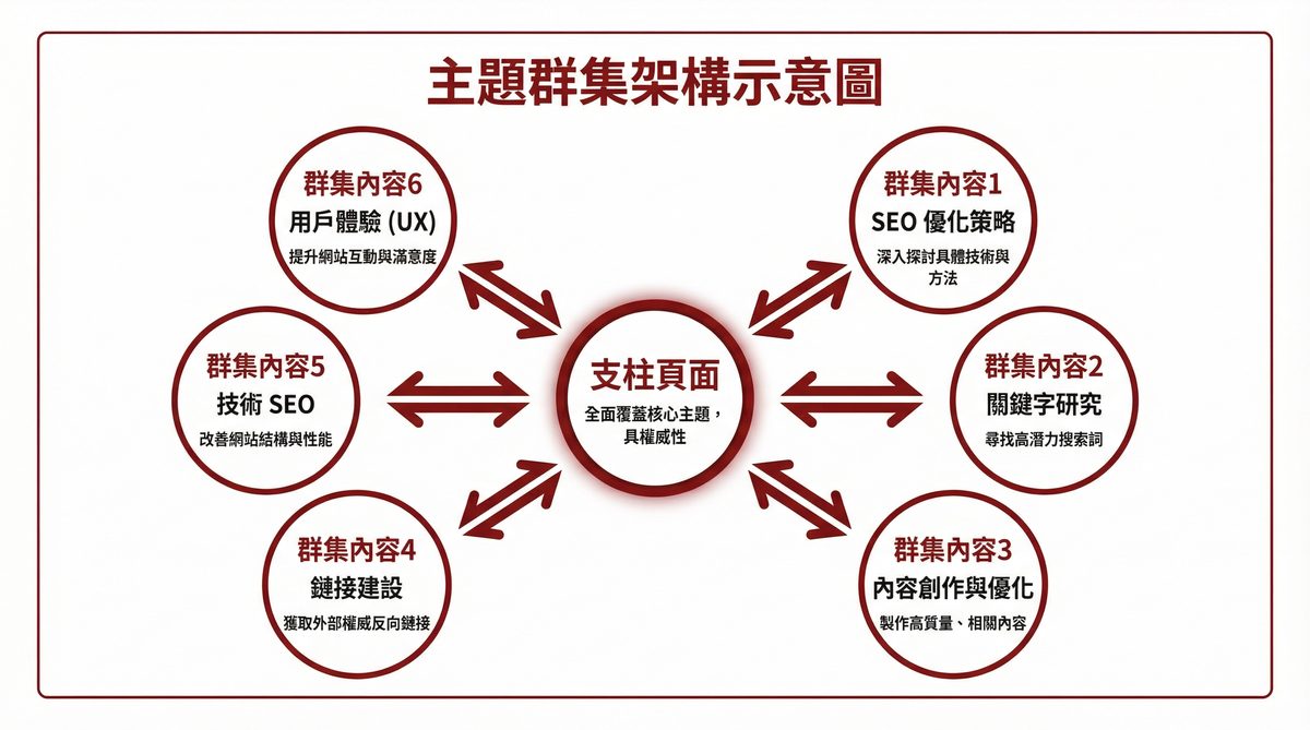 主題群集架構示意圖：支柱頁面連結六篇群集內容