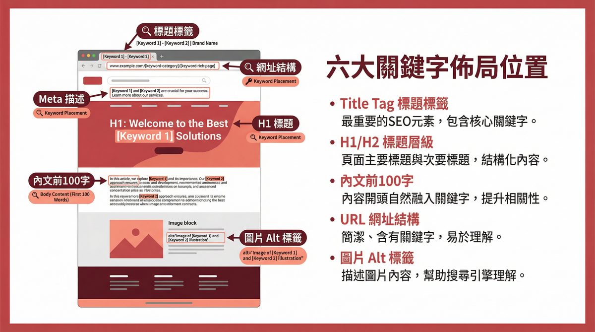 六大關鍵字佈局位置：Title Tag、H1/H2、Meta Description、URL、Alt 標籤