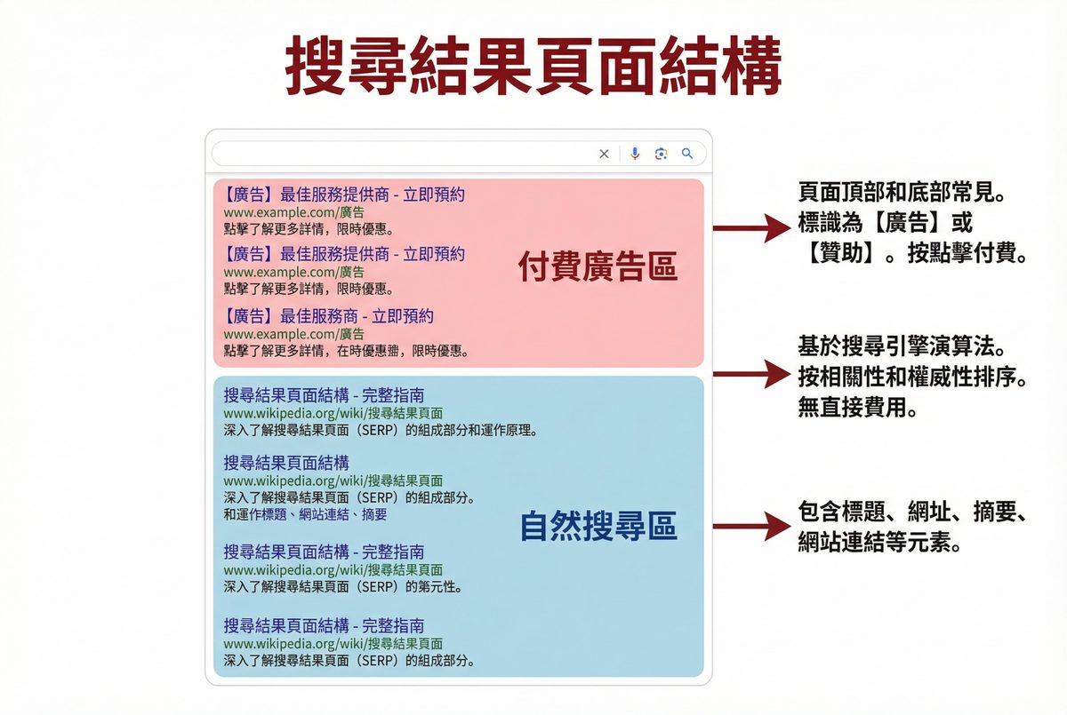 搜尋結果頁面結構：付費廣告區與自然搜尋區的差異