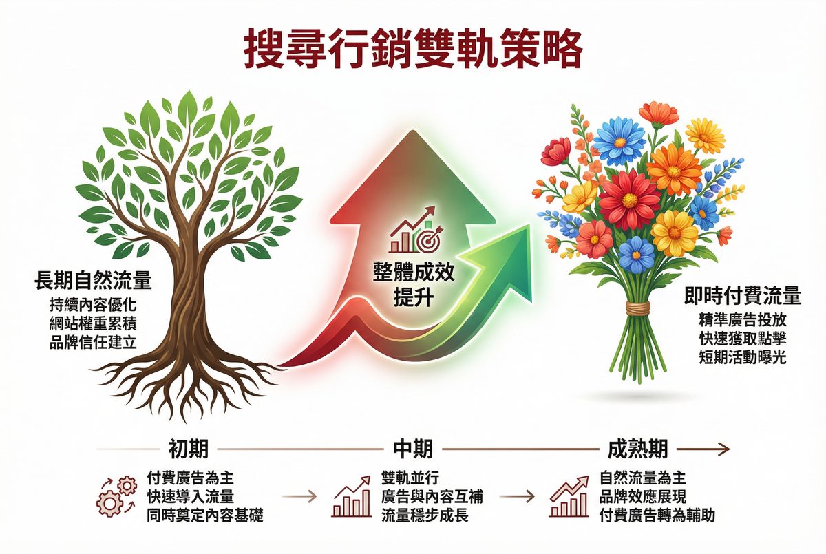 搜尋行銷雙軌策略：長期自然流量與即時付費流量搭配運用