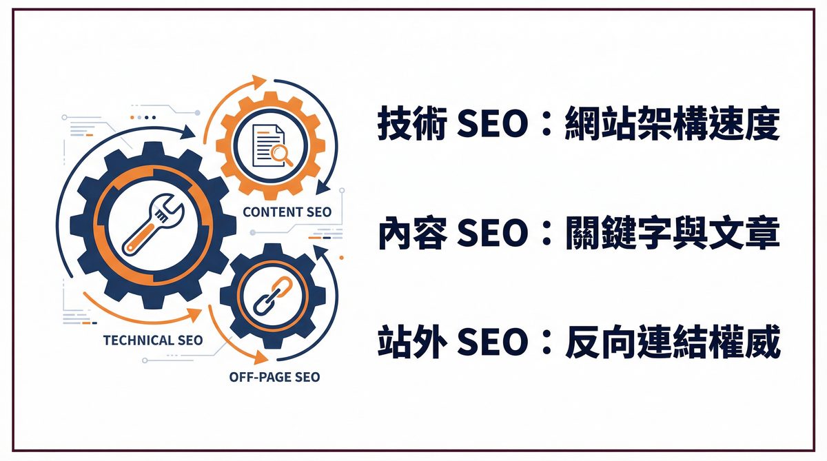 SEO 三大核心面向：技術 SEO、內容 SEO、站外 SEO