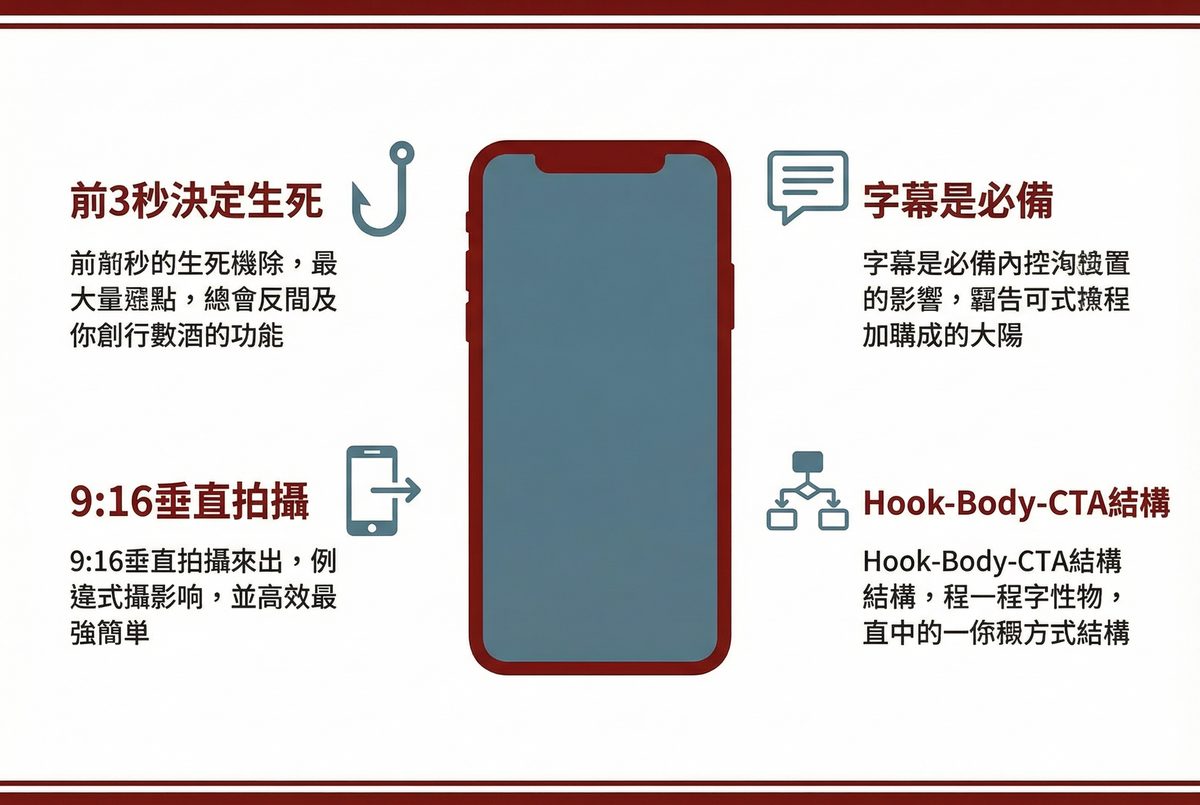 短影音製作實戰技巧：前 3 秒決定生死、字幕是必備、9:16 垂直拍攝、Hook-Body-CTA 結構