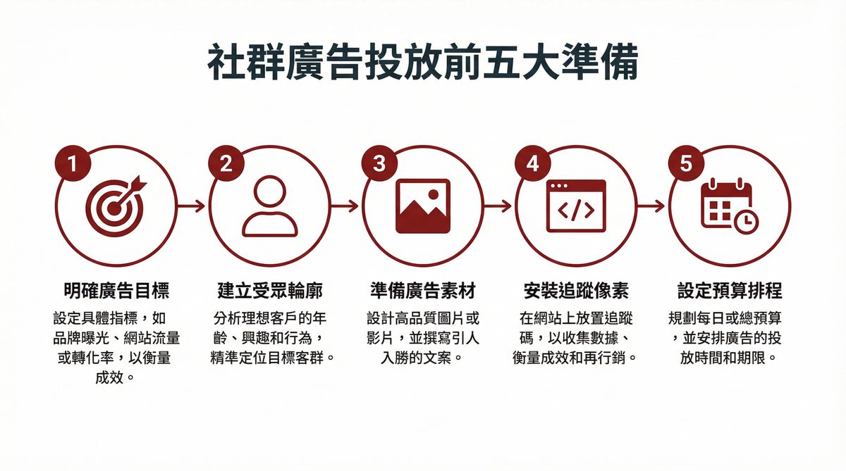 社群廣告投放前五大準備工作流程圖