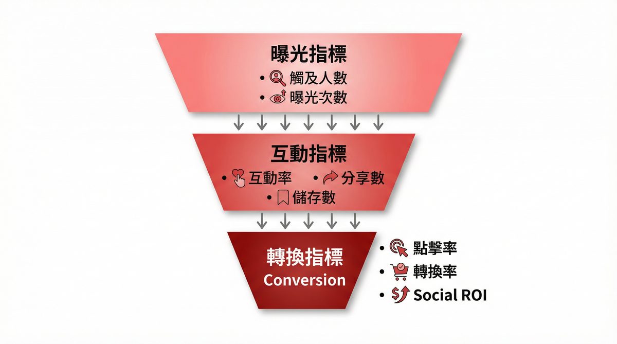 社群指標漏斗：曝光、互動、轉換三層指標資訊圖表