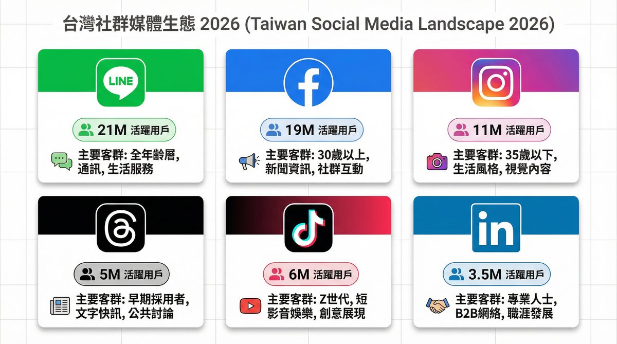 2026 年台灣社群媒體生態：六大平台用戶數與特性