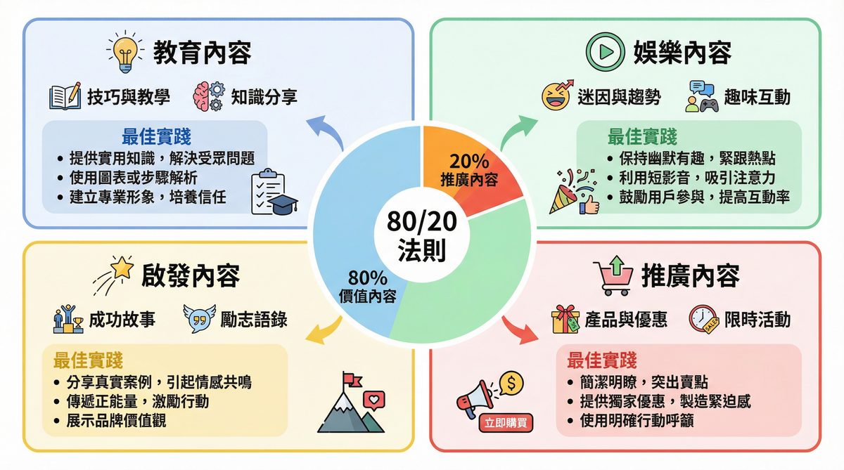 社群內容 80/20 法則：教育、娛樂、啟發、推廣