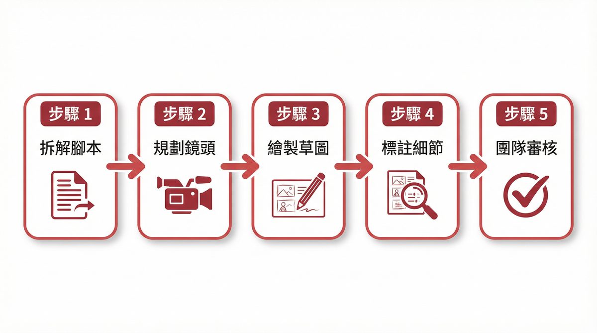 分鏡表繪製五步驟：拆解腳本、規劃鏡頭、繪製草圖、標註細節、團隊審核