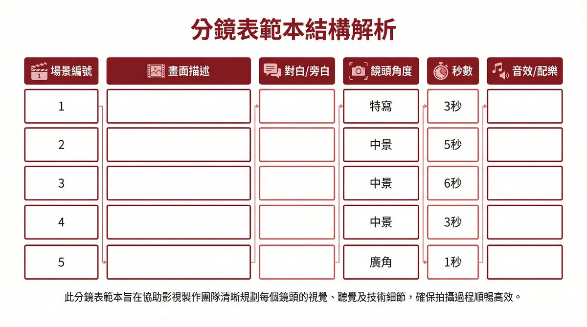 分鏡表範本結構解析：場景編號、畫面描述、對白旁白、鏡頭角度、秒數、音效配樂