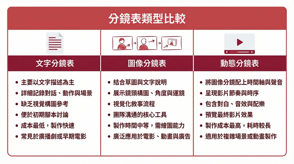 分鏡表類型比較：文字分鏡表、圖像分鏡表、動態分鏡表