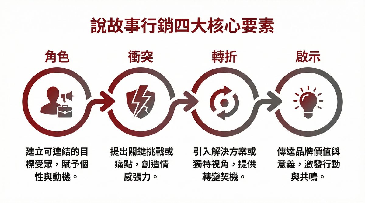 故事行銷四大核心要素：角色、衝突、轉折、啟示