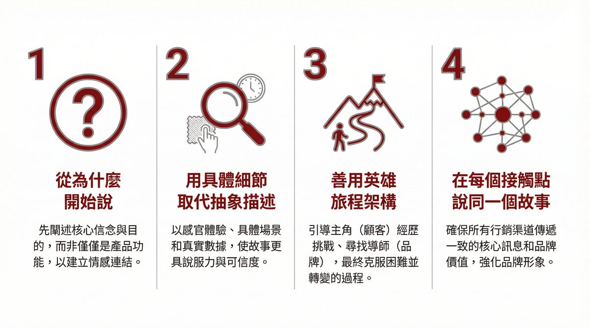 四個讓品牌故事深入人心的技巧：從為什麼開始說、用具體細節、善用英雄旅程、在每個接觸點說同一個故事