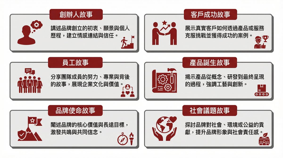 故事行銷六種常見形式：創辦人故事、客戶成功故事、員工故事、產品誕生故事、品牌使命故事、社會議題故事