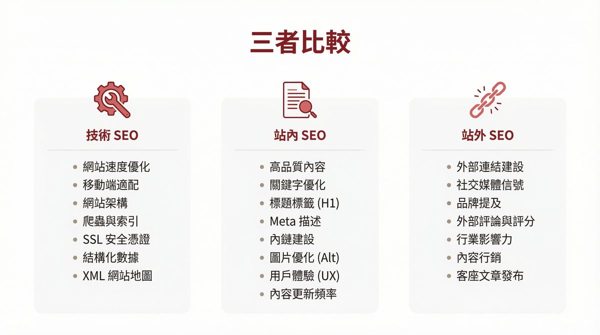 技術 SEO、站內 SEO、站外 SEO 三者比較圖