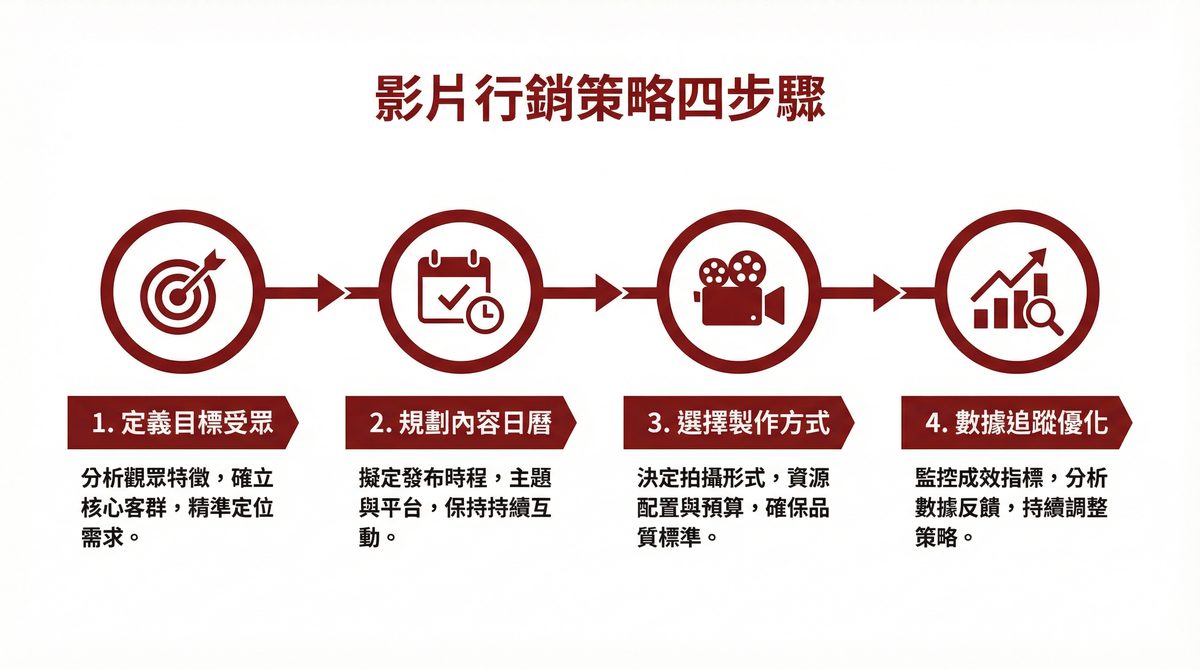 影片行銷策略四步驟：定義目標受眾、規劃內容日曆、選擇製作方式、數據追蹤優化