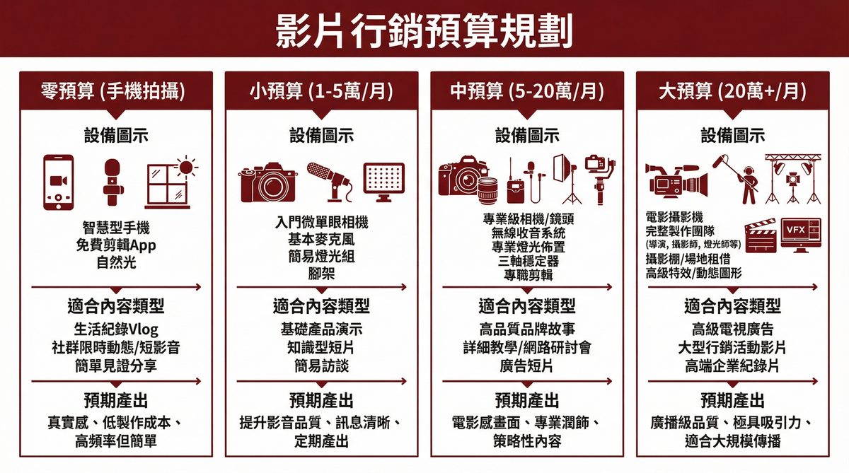 影片行銷預算規劃四個層級：零預算、小預算、中預算、大預算