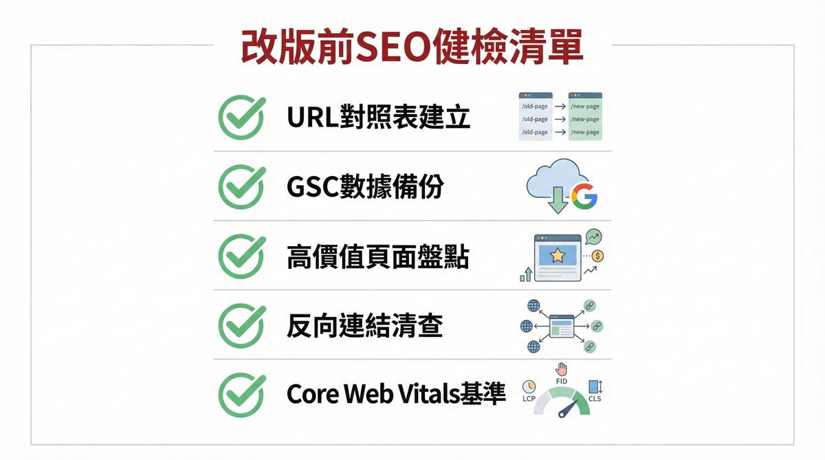 網站改版前 SEO 健檢清單資訊圖表