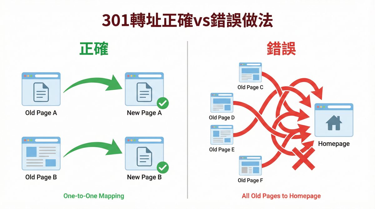 301 轉址正確與錯誤做法比較圖