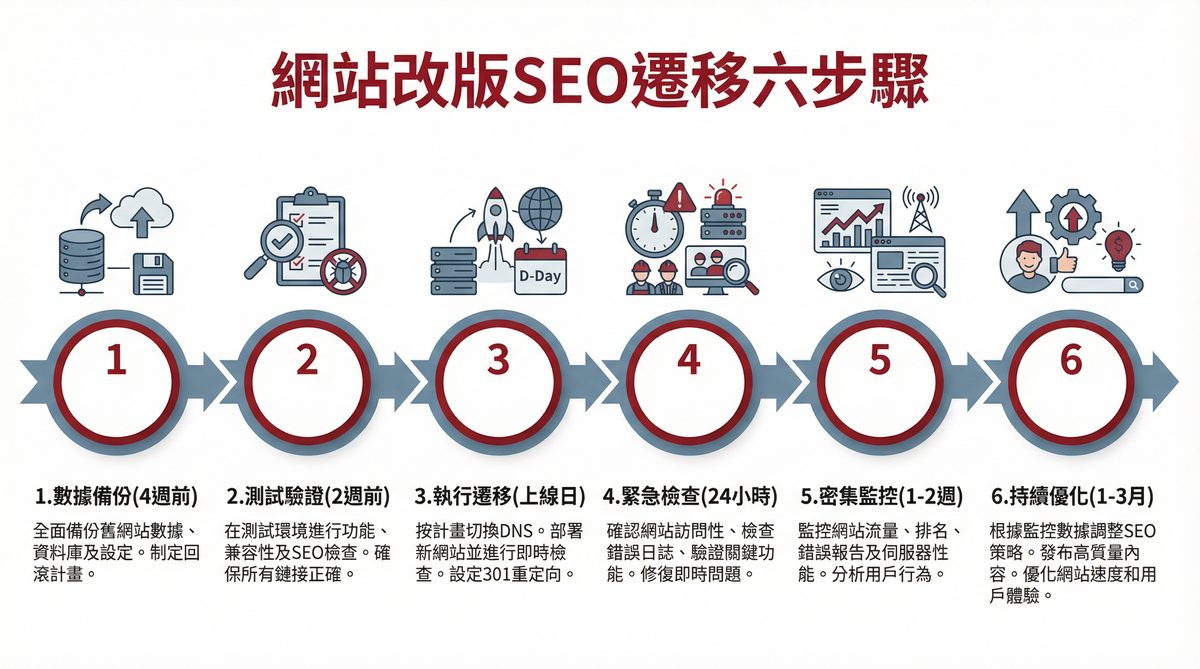 網站改版 SEO 遷移六步驟 SOP 時間軸