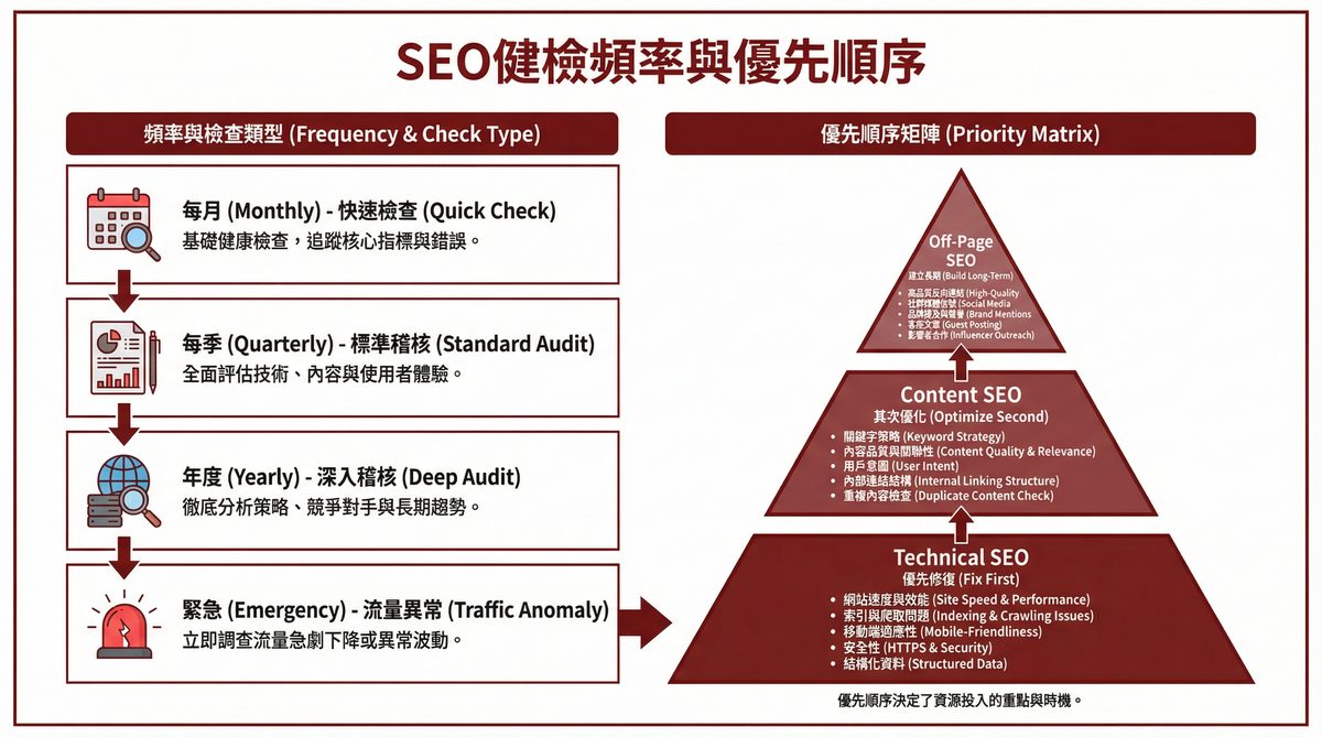 SEO 健檢頻率與優先順序矩陣