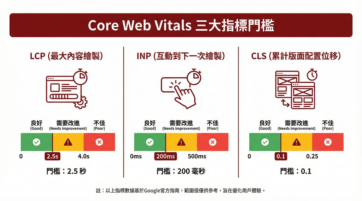 Core Web Vitals 三大指標門檻：LCP 2.5 秒、INP 200 毫秒、CLS 0.1