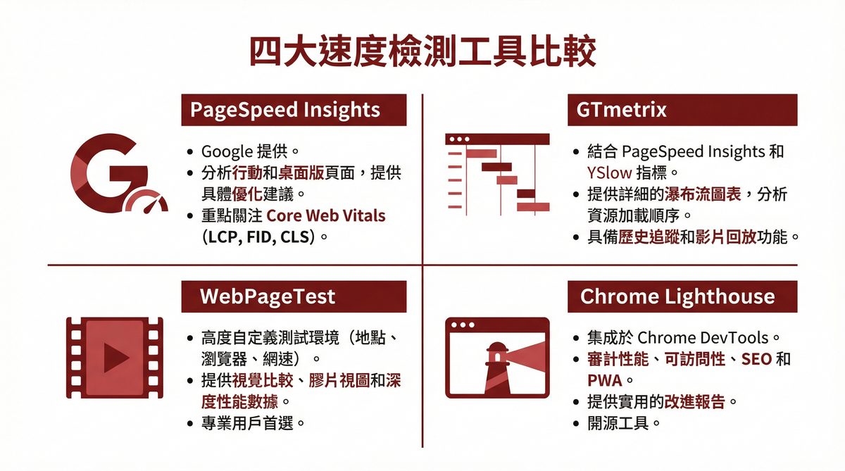 四大網站速度檢測工具比較：PageSpeed Insights、GTmetrix、WebPageTest、Chrome Lighthouse