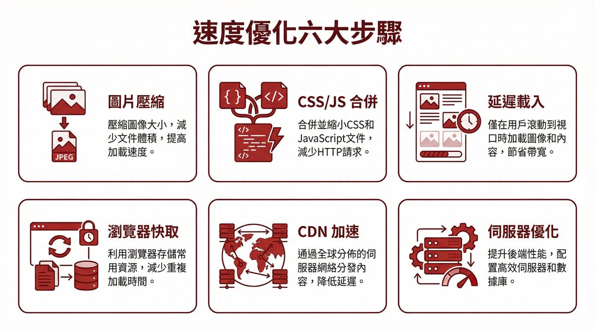 網站速度優化六大步驟：圖片壓縮、CSS/JS 合併、延遲載入、瀏覽器快取、CDN 加速、伺服器優化