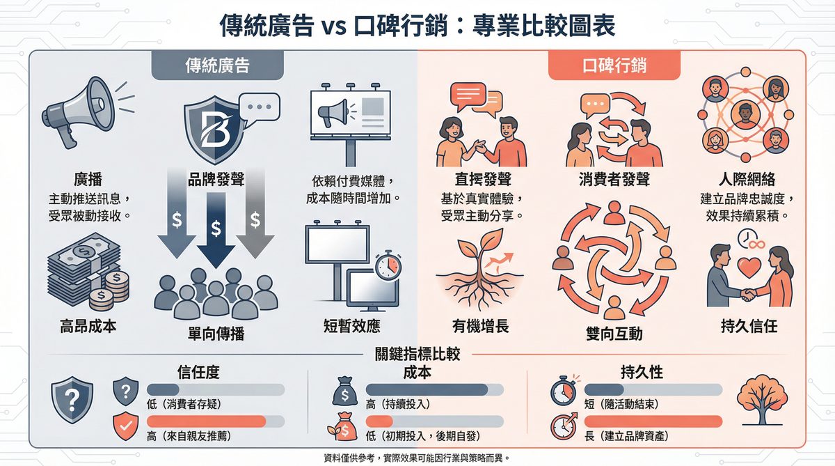 傳統廣告 vs 口碑行銷比較圖