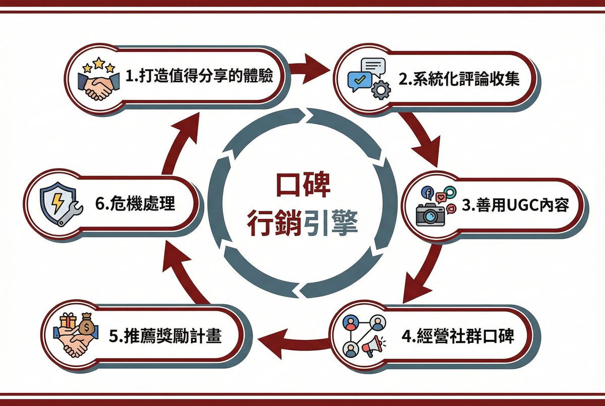 口碑行銷引擎 6 大策略：打造值得分享的體驗、系統化評論收集、善用 UGC 內容、經營社群口碑、推薦獎勵計畫、危機處理