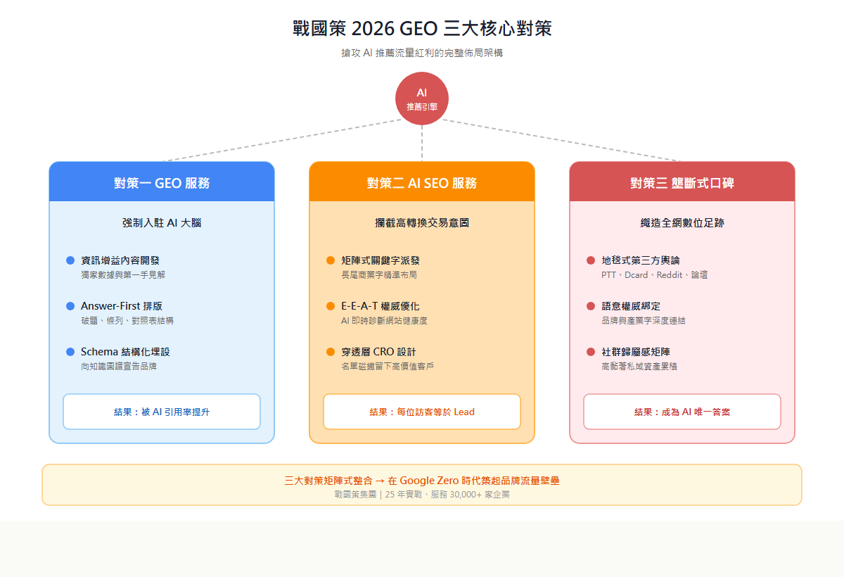 戰國策 2026 GEO 三大核心對策：GEO 服務、AI SEO 服務、壟斷式口碑行銷的整合架構