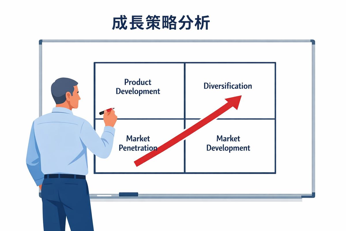 策略主管在白板前繪製安索夫 2x2 矩陣的概念示意圖