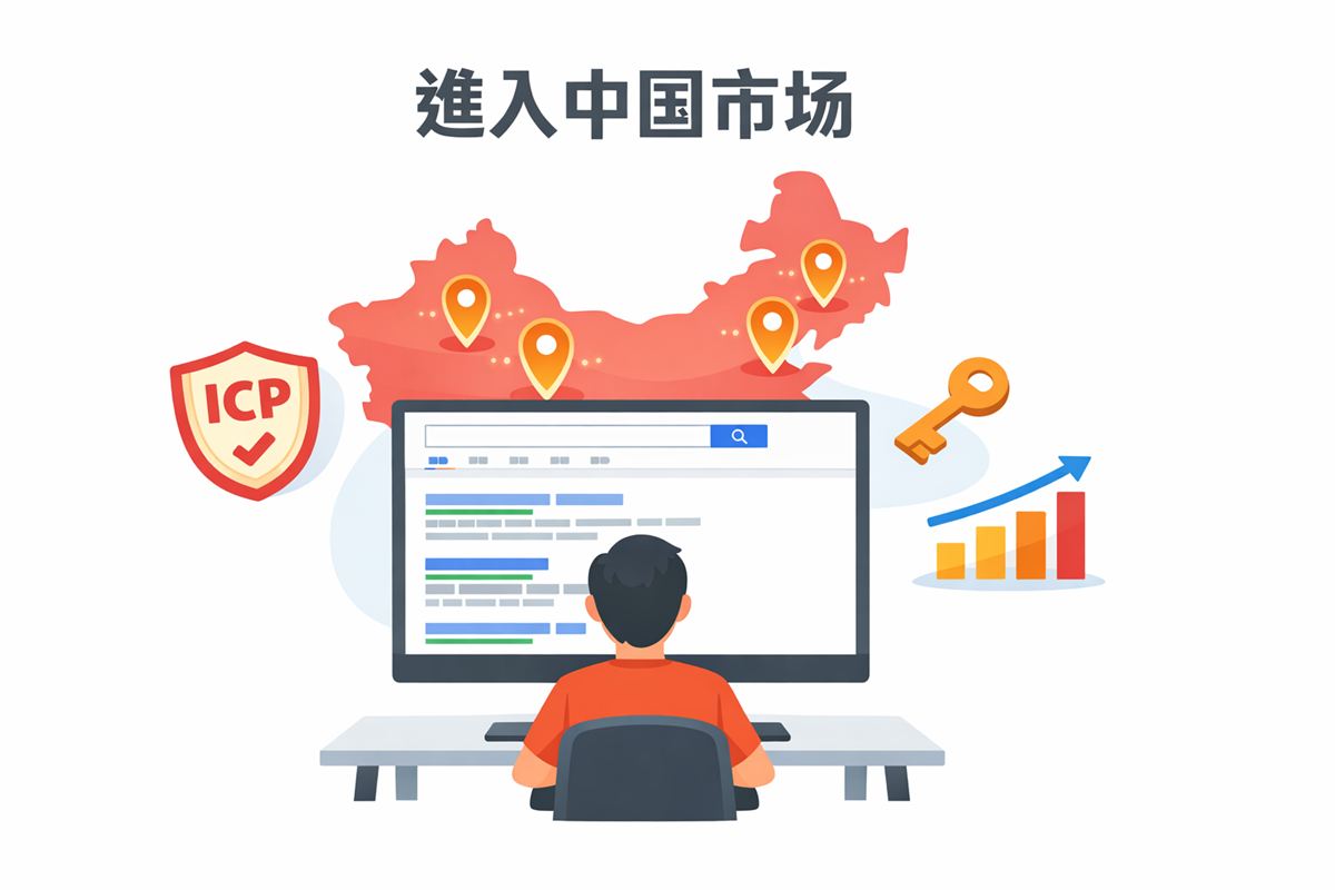 百度SEO優化概念示意圖,中國地圖搜尋圖示與簡體字風格元素