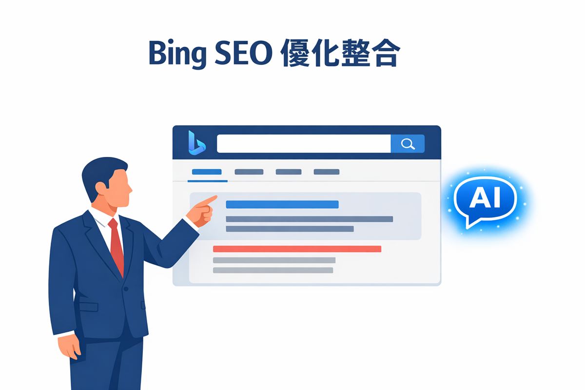 成年職業人物操作 Bing 搜尋介面，顯示 ChatGPT AI 整合功能示意圖