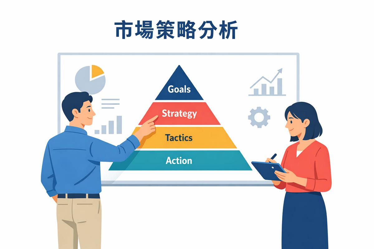 兩位行銷人在白板前討論品牌權益策略,白板顯示品牌金字塔結構圖示