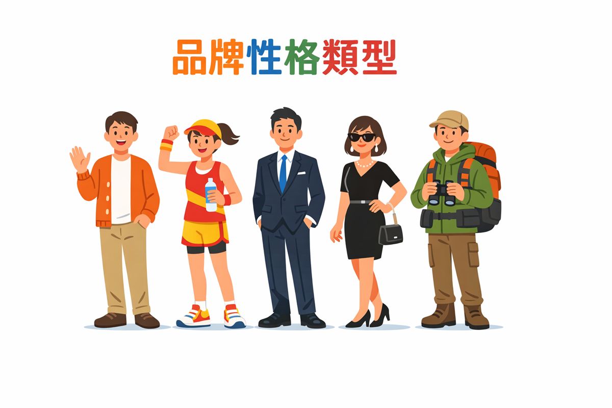 品牌個性五大類型擬人化示意圖:真誠型、活力型、能力型、華麗型、堅韌型