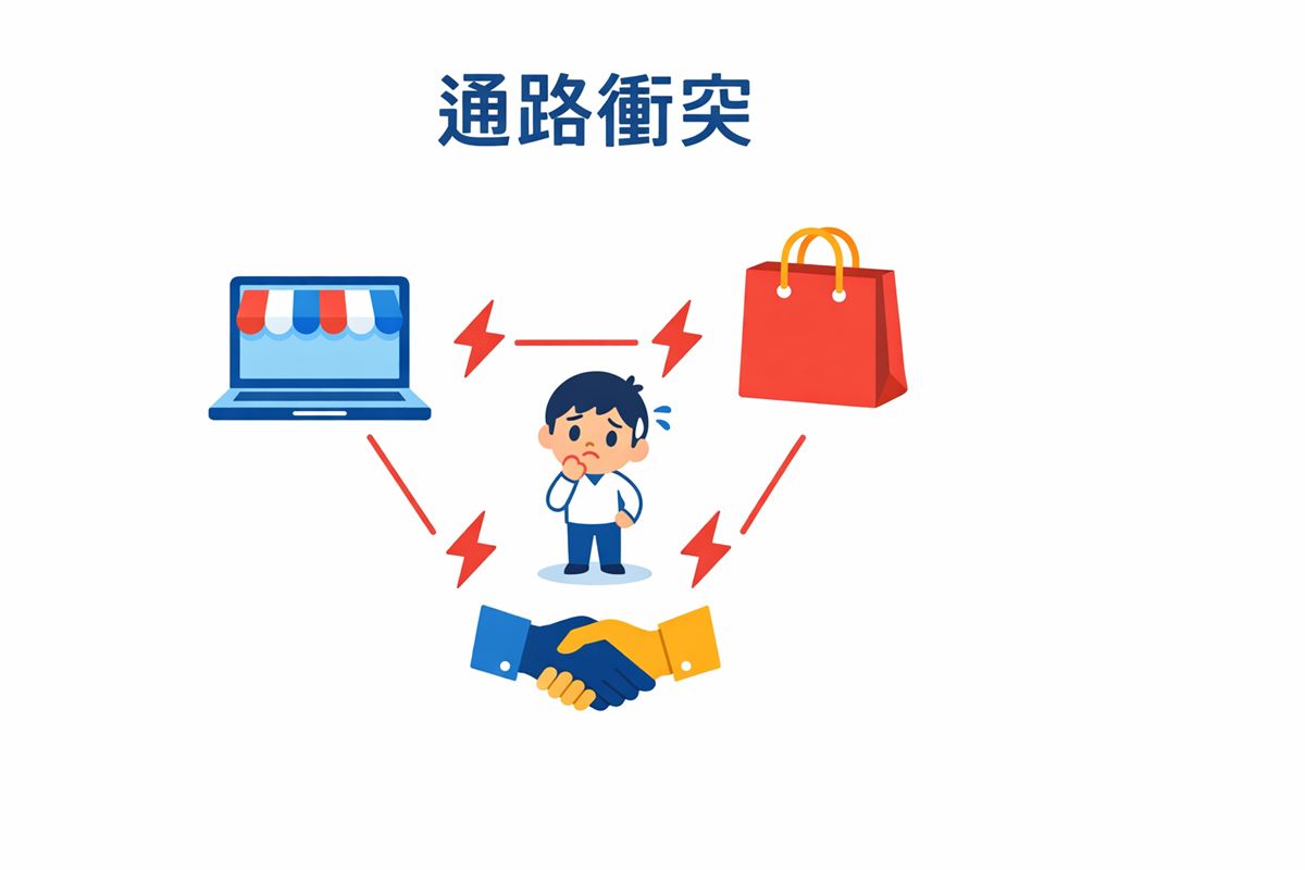 多通路銷售示意圖,顯示品牌官網、電商平台、實體門市之間的通路衝突閃電符號