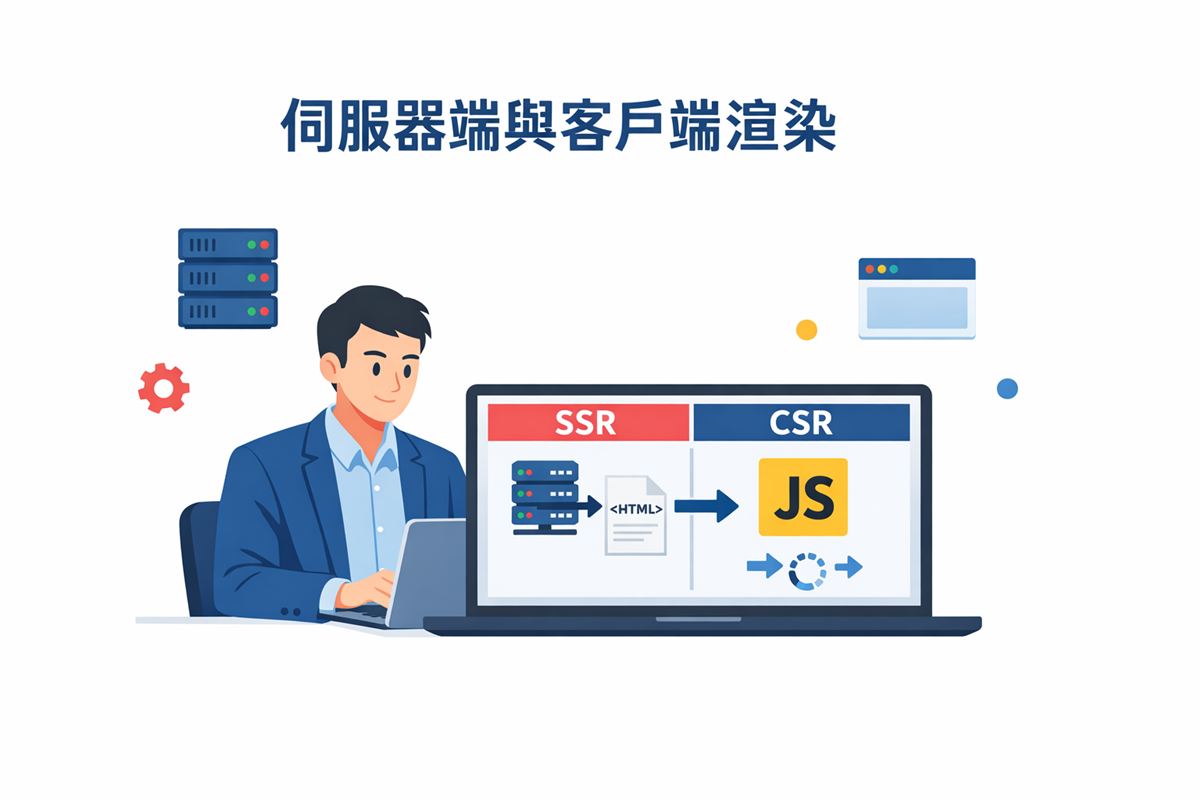 工程師在筆電前查看 CSR 與 SSR 渲染流程對比示意圖