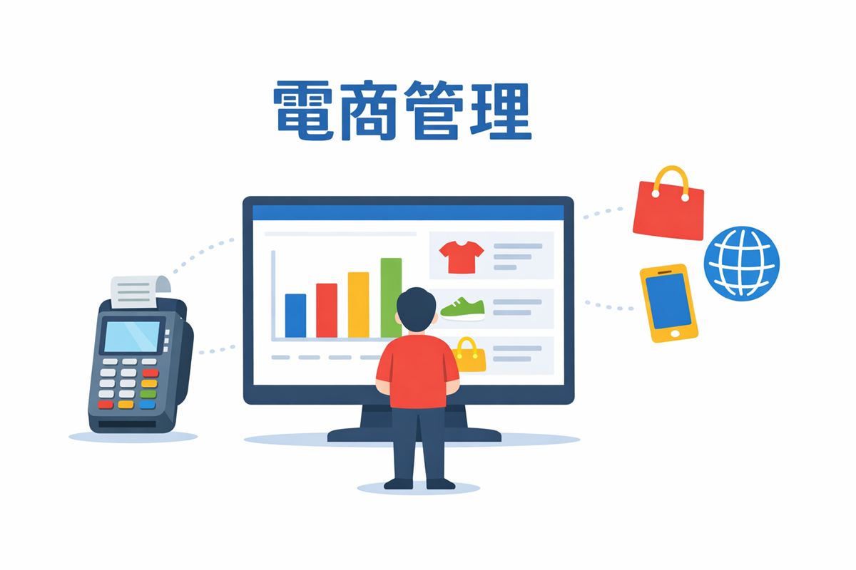 CYBERBIZ 電商平台功能示意圖,包含電商後台儀表板、POS 機與多通路整合圖示