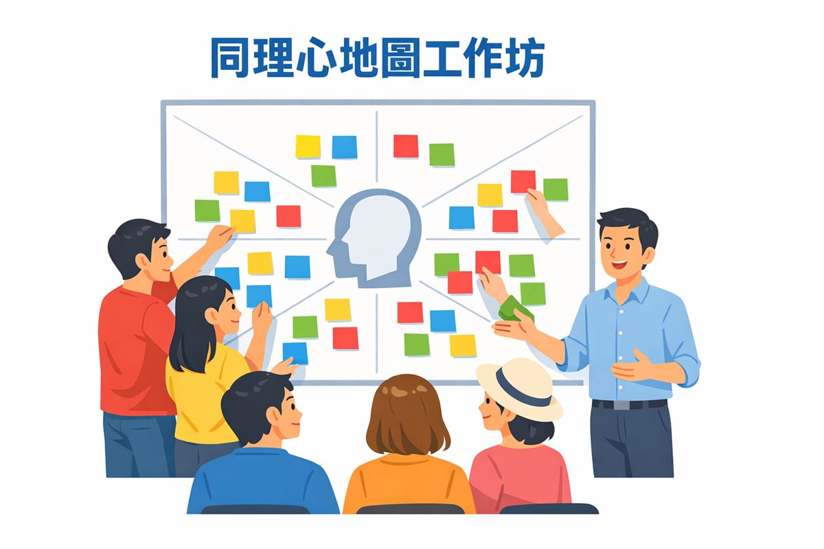 一群人圍繞大型同理心地圖討論，用便利貼填寫各區塊
