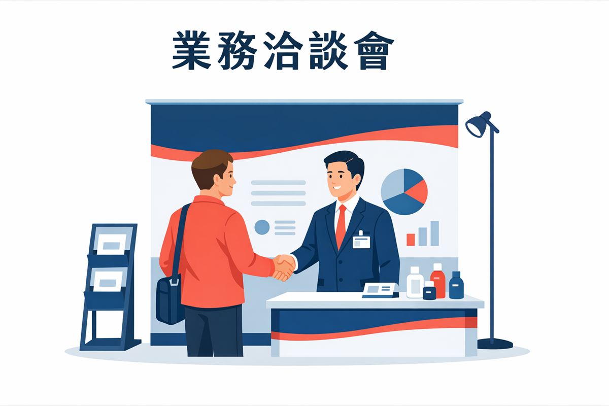展商代表在展覽攤位前與訪客握手,背景有展示架與品牌 Banner,呈現專業 B2B 展覽行銷現場