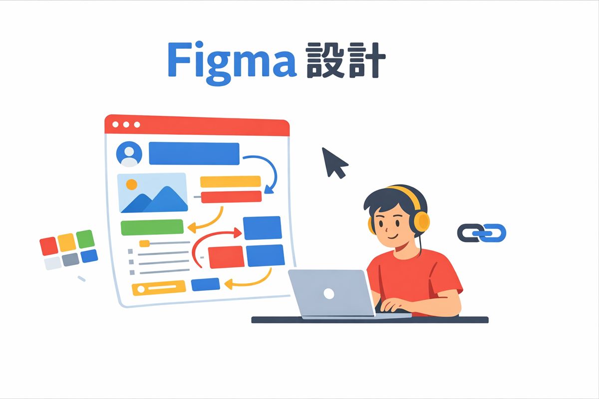 設計師在筆電前操作 Figma 介面，螢幕顯示 UI 設計元素與 Figma 工具面板