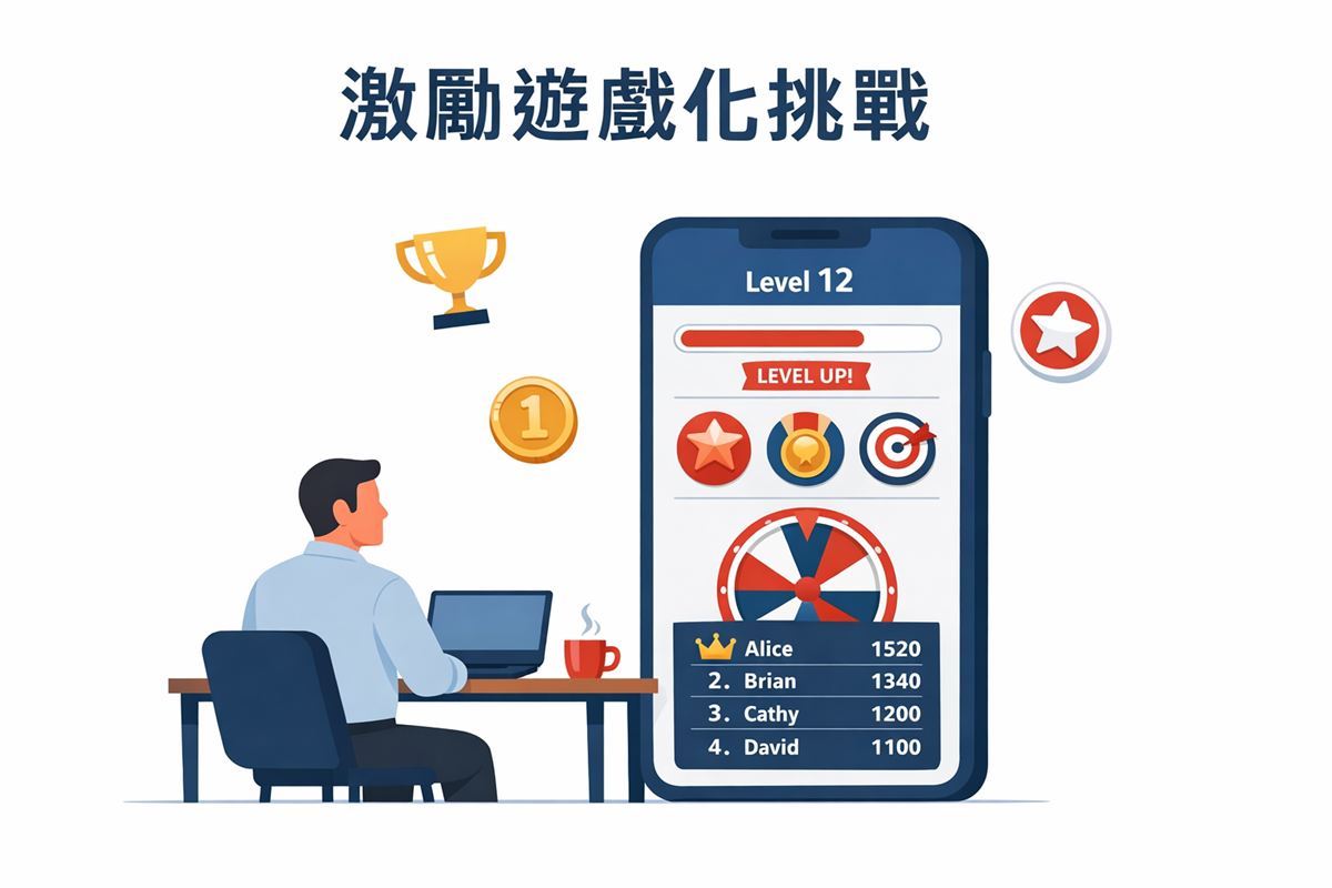 成年用戶在手機前體驗遊戲化行銷介面，包含等級、獎章、進度條與抽獎輪盤